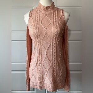 NO COMMENT NYLA Pink Cable Knit Cold Shoulder Mock Neck Sweater Size‎ S
